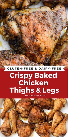 crispy baked chicken thighs and legs with text overlay