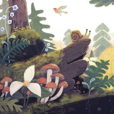 a painting of mushrooms and other plants in the woods