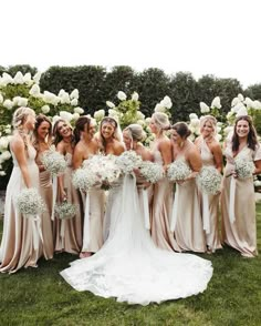 a group of women standing next to each other on top of a lush green field