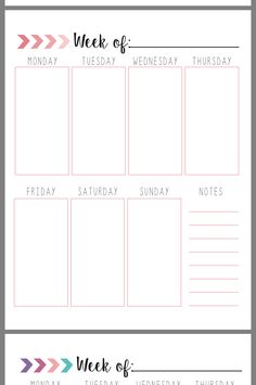 the printable weekly planner is shown in pink and gray with an arrow on it