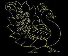 a black and yellow drawing of a peacock with swirls on it's tail