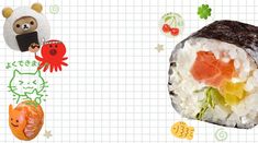 an image of sushi and other food items on a gridded paper background with characters