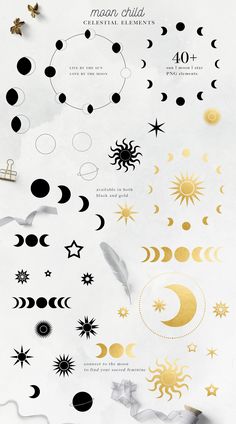 the moon, stars and crescents are all drawn in different ways on paper with gold foil