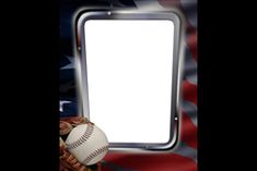 an american flag with a baseball and mitt in front of a mirror that is lit up