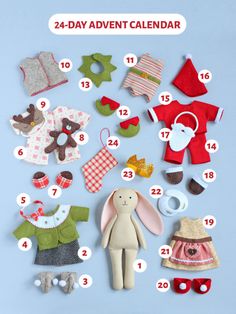 an image of a baby's calendar with clothes and toys for babies to make