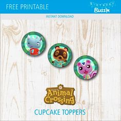 three animal crossing cupcake toppers on a wooden background with the text free printable