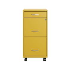 a yellow filing cabinet with two drawers on casteors and wheels, against a white background