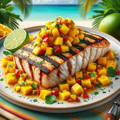 fish with mango salsa on a plate next to limes and cut up pineapple