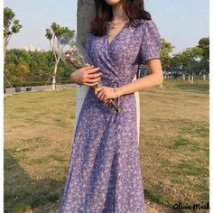 Olivia Mark - Lavender Purple Vintage Silk Maxi Dress with Mulberry Silk Floral Print and Tea-Length Hemline. Vintage Tea Length Dress, Floral Tea Length Dress, Purple Silk Dress, Vintage Lavender, Lavender Silk, Purple Outfits, Korean Fashion Dress, Silk Maxi, Vintage Maxi Dress