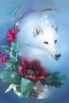 a painting of a white wolf surrounded by red flowers and greenery on a blue background