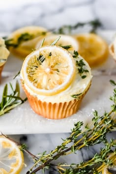 cupcakes with lemon slices and herbs on a marble countertop next to sliced lemons