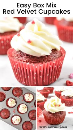 red velvet cupcakes with white frosting and sprinkles