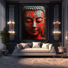 a living room filled with furniture and a painting on the wall above it's head