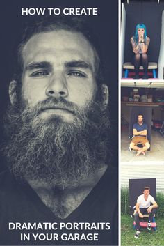 a man with a beard sitting on a chair in front of a house and the words how to create dramatic portraits in your garage