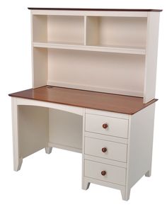 a white desk with a wooden top and drawers