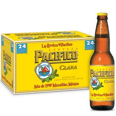 a bottle of beer next to a box of 24 packs of pacifico chapa