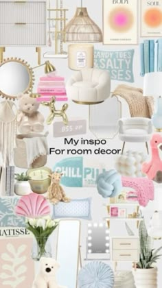 this is a collage of different items in pink, blue and white with the words my inspo for room decor