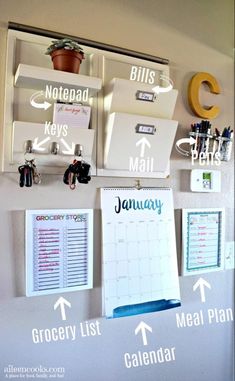 an organized calendar hangs on the wall