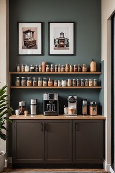 a coffee bar with two framed pictures on the wall above it and shelves holding various types of coffee