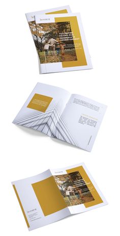 an open brochure with yellow and white pages