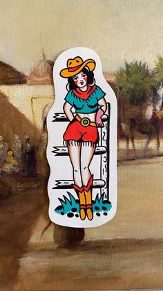 a painting of a woman wearing a cowboy hat and red skirt standing in front of a fence