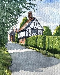 a watercolor painting of a house on a country road with trees and bushes around it