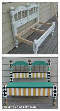 two pictures of a bench made out of wood and painted with different colors on it