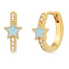 This adorable huggie is adorned with a whimsical enamel star. Wear this alone or add to your existing ear stack for a fun, springy vibe! Gold plated brass, CZ, enamel Available in: Sky Blue, Navy and White SKU: TE-2759 Preppy Accessories, Tai Jewelry, Preppy Jewelry, Ear Stack, Jewelry Accessories Ideas, Classy Jewelry, Jewelry Lookbook, Girly Jewelry, Jewelry Inspo