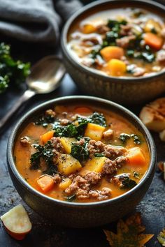 Soup With Pork Sausage, Cozy Autumn Soup, Fall Stews And Soups, Fall Harvest Soup, Fall Soup Recipes Ground Beef, Lunch Soup Ideas, Kale Meals, Breakfast Soup Recipes, Sausage Kale Potato Soup