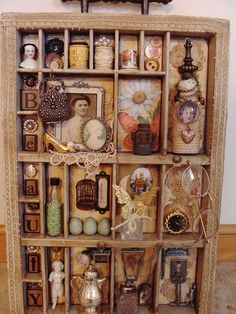 an old wooden shelf with many different items on it