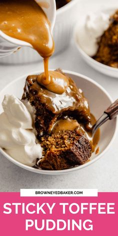 sticky toffe pudding is being drizzled with caramel sauce on top