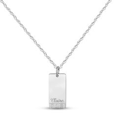 Make this beautiful name dog tag necklace your own. Set in chic 14K white gold, the pendant sparkles with brilliant round diamonds and can be personalized with your name. The pendant hangs from an 18-inch rope chain that secures with a spring ring clasp. Engraved White Gold Dog Tag Necklace, Elegant White Gold Dog Tag Necklace, Engraved White Gold Necklace With Rectangular Pendant, Engraved White Gold Necklace For Father's Day, White Gold Engraved Necklace With Rectangular Pendant, Engraved White Gold Necklace, Elegant Dog Tag Necklace For Personalized Gift, Modern Personalized Dog Tag Jewelry, Elegant Silver Name Necklace With Engraving Option