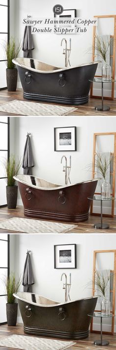 three different views of an old bathtub with umbrellas on the top and bottom