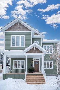 Mountain Sage Hardie Siding, James Hardie Mountain Sage, Minecraft Spruce House Ideas, Sage Green House, Acreage Landscaping, Green Exterior House Colors, Sage House, Green Siding, Deck Railing Ideas