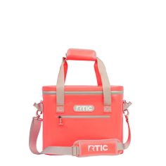 an orange and grey bag with the word rtic on it's front pocket