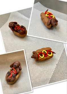 there are three pictures of hotdogs with toppings on them, and one is in the shape of a dog