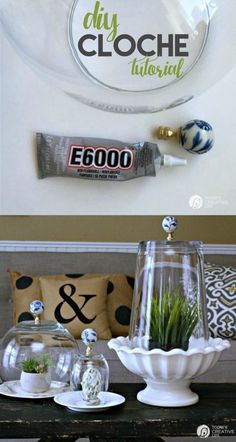 an assortment of decorative items displayed on a counter top in front of a sign that reads city cloche international