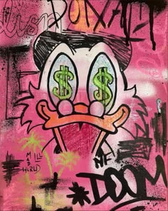 graffiti on the side of a building with money signs painted on it's face