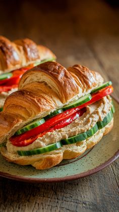 two croissant sandwiches with peppers and cucumbers on a green plate sitting on a wooden table