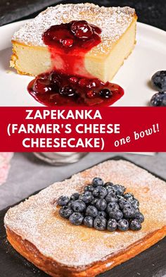 two different types of cheesecakes with blueberries on top