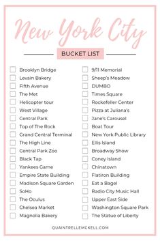 the new york city bucket list is shown in pink and white with text overlay