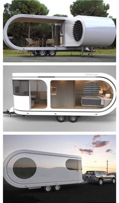 three different views of an unusual house on wheels