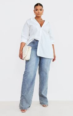 #plus_size Oversized White Shirt Plus Size, White Shirts Outfits For Women, White Shirt And Jeans Outfit Plus Size, White Shirt Blue Jeans Outfit Women Plus Size, Oversized Shirt And Jeans Outfit Women, Oversized White Shirt Outfit Plus Size, Blue Jean And White Top Outfits, Loose White Shirt Outfit Women, Plus Size White Shirt Outfit