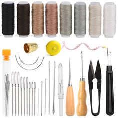 various sewing supplies including thread, needles and pliers on a white background with text overlay