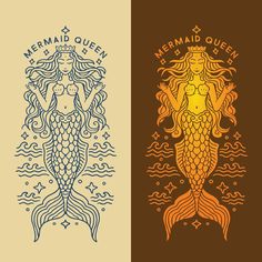 two different colored mermaids with the words mermaid queen on them