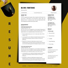 a professional resume template is shown on a yellow and black background