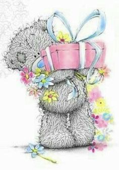 a drawing of a teddy bear holding a pink gift box with flowers on it's head