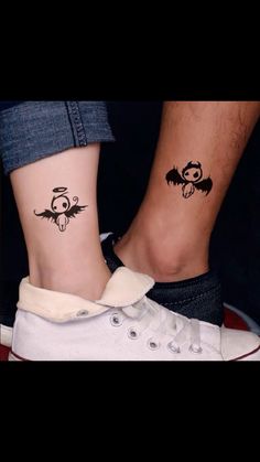 two people with matching tattoos on their feet, one has a bat and the other has a skull