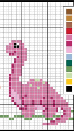 a cross stitch pattern with a pink dinosaur in the middle and color swats on it