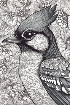 a black and white drawing of a bird sitting on top of some flowers in the background